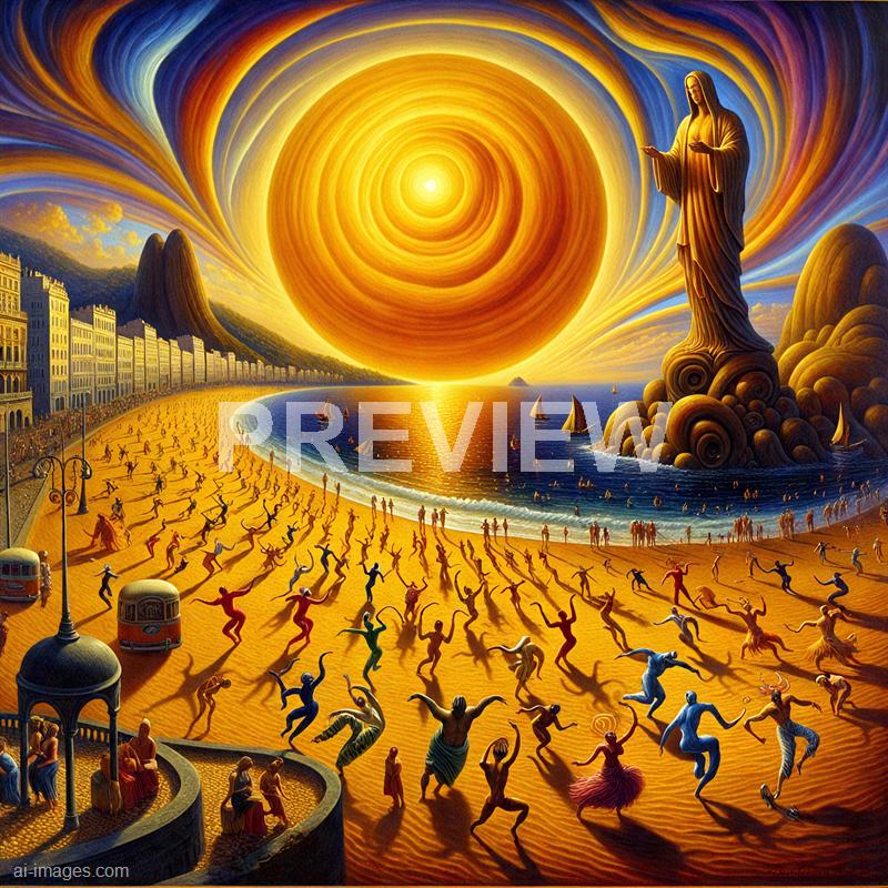The image depicts a surreal scene with a large, glowing sun or orb dominating the sky, surrounded by swirling, vibrant colors of yellow, orange, and blue. In the foreground, a lively crowd of diverse, colorful human figures is dancing or celebrating on a sandy beach, with long shadows cast by the bright light. To the right, a towering statue resembling a religious or spiritual figure stands on a rocky formation, overlooking the scene, while sailboats float peacefully on the calm water, and a cityscape lines the left side of the shoreline. The entire composition combines elements of fantasy, spirituality, and celebration.
